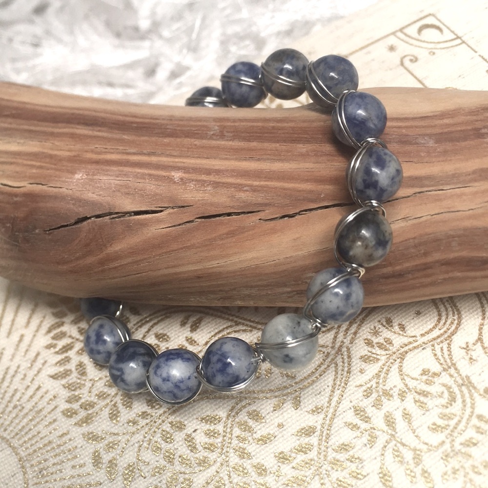 New Handcrafted Blue Sodalite Gemstone Bead Silver Tone Wire Wrapped Bracelet